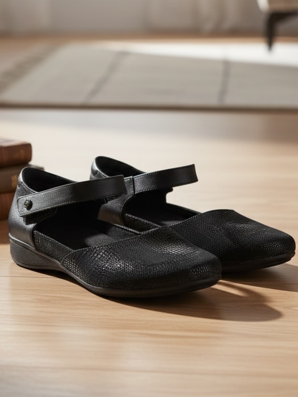 Revere Osaka Black Lizard Leather Mary Jane Wedge Shoes